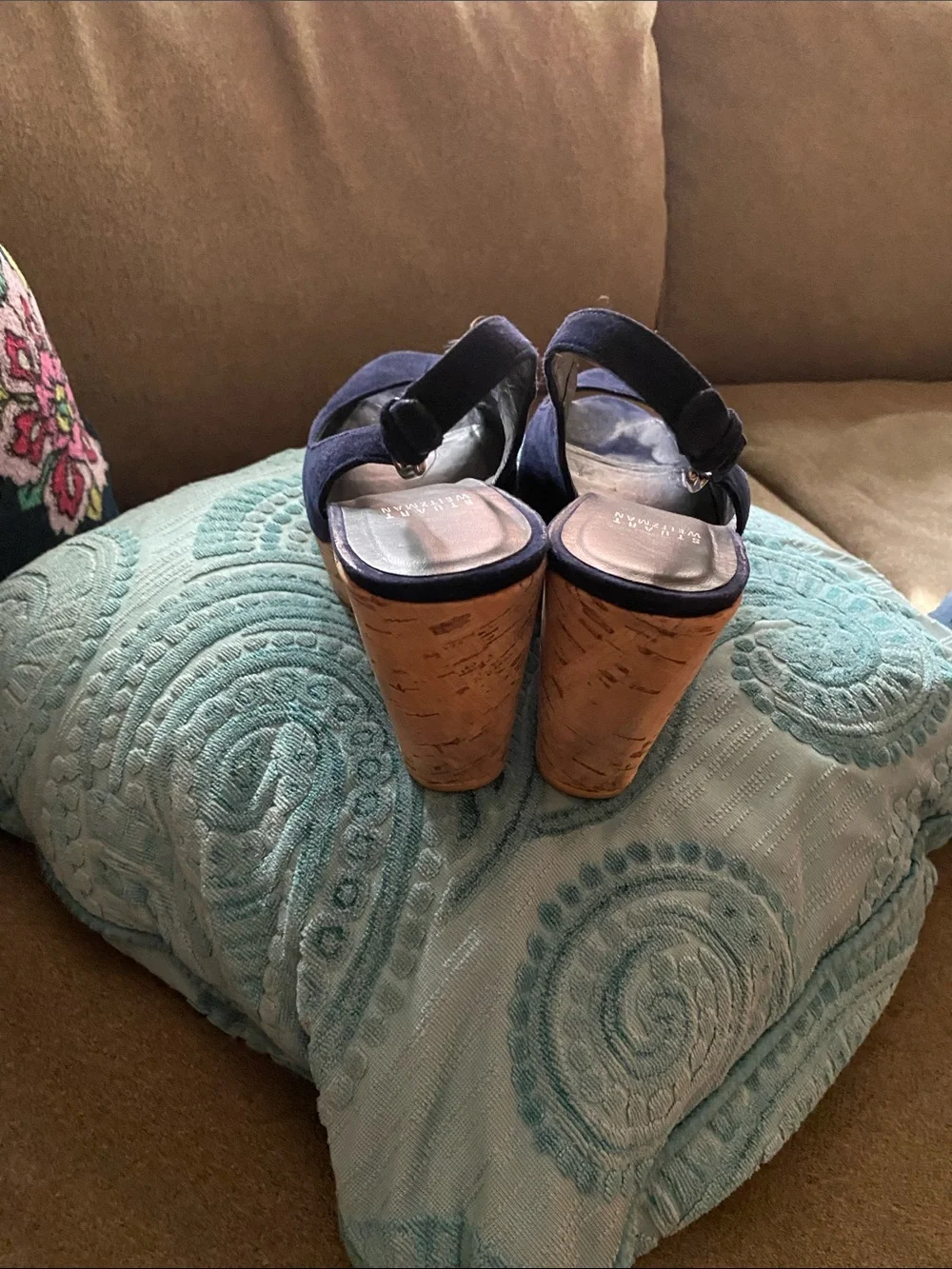 Stuart Weitzman Navy Suede Peep-Toe Slingback Wedges with Cork Platform